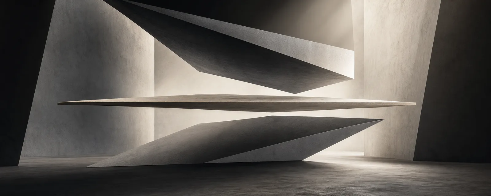 Three architectural slabs suspended in a restrained light-and-shadow environment.